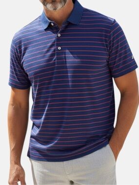 Donald Ross Navy Blue Golf Polo with Pink Stripes Large